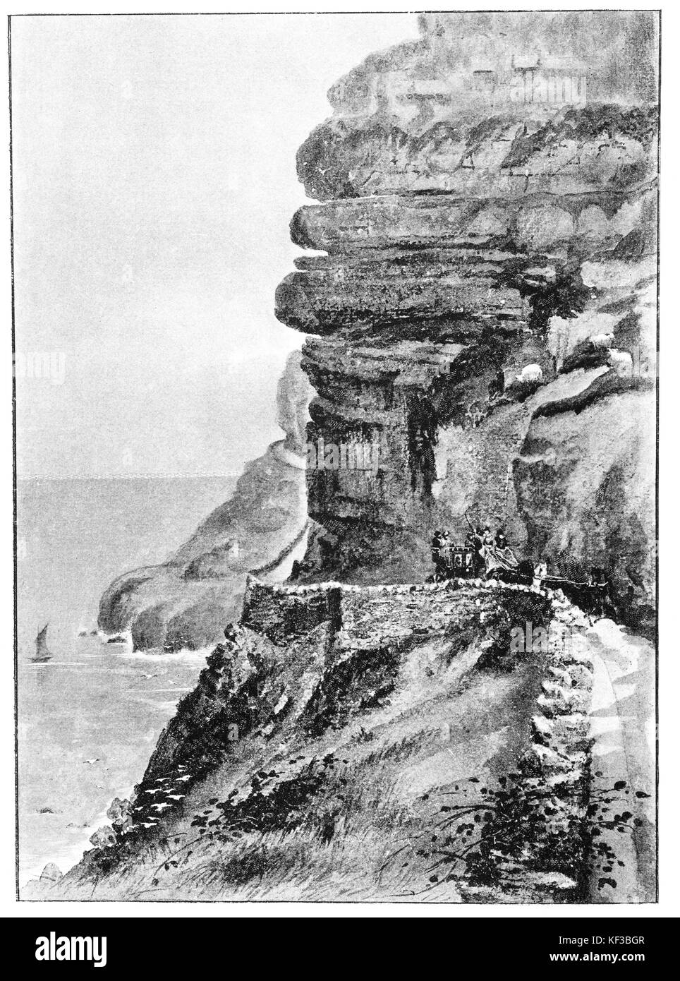 1890: Pullman e cavalli sulla strada intorno al Great Orme, un prominente promontorio calcareo sulla costa nord del Galles, vicino alla città di Llandudno, Conwy, il Galles del Nord (da un acquerello) Foto Stock