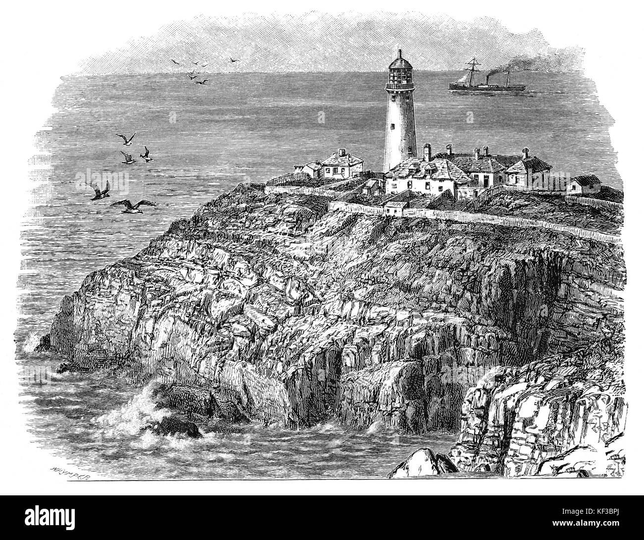 1890: Sud pila Lighthouse vicino a Holyhead, Anglesey, un isola a nord-ovest della costa del Galles. Foto Stock