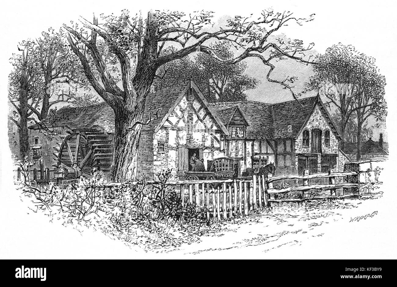 1890: Rossett Mill, AKA " Rossett antico mulino, è il sedicesimo secolo legno mais undershot mulino. La prima parte risale al 1588 e ospita il macchinario di guida tra cui pit ruota, wallower e ampio sperone ruota. Wrexham, Galles Foto Stock