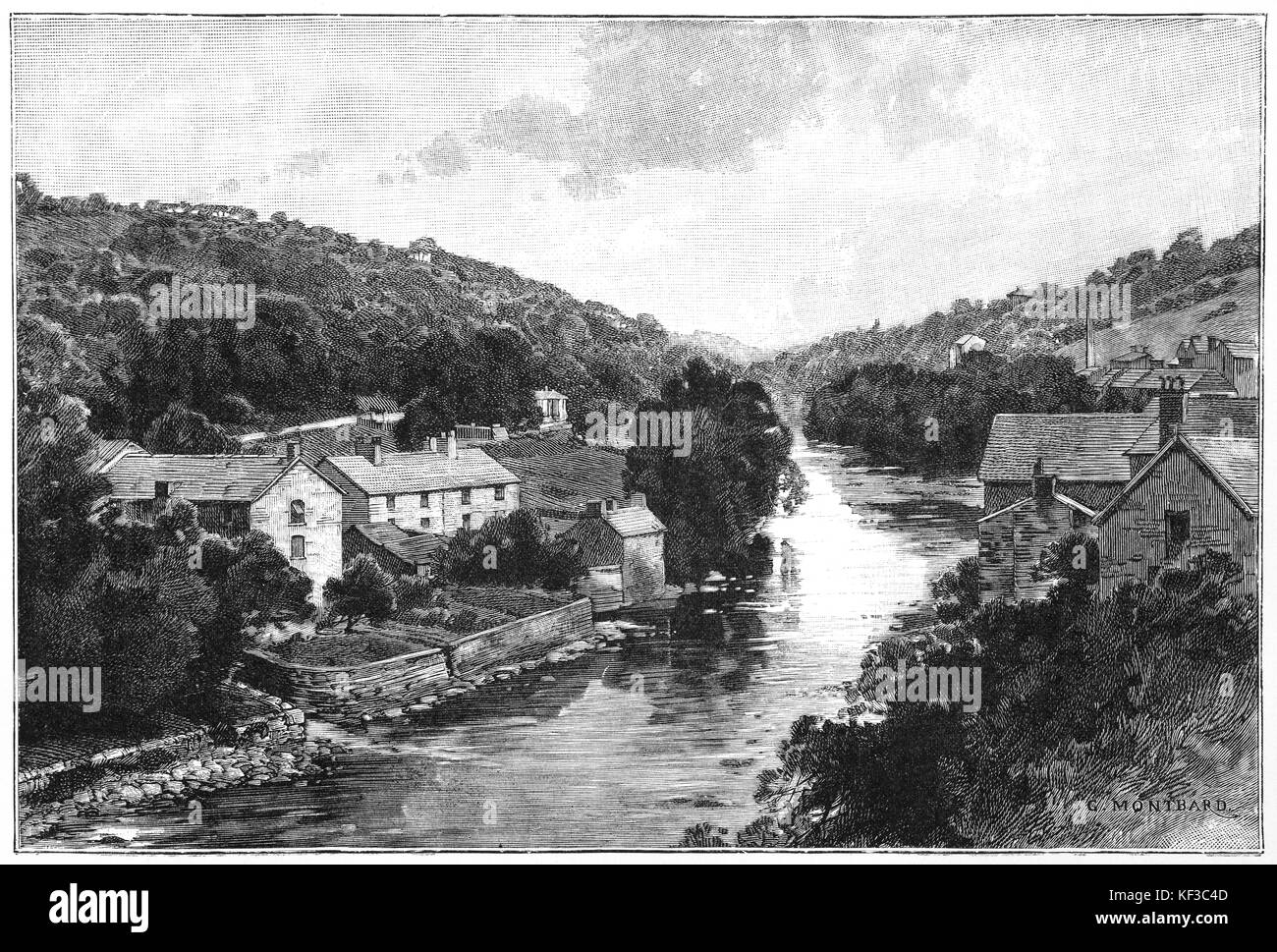 1890: Il villaggio di Llangollen, sul fiume Dee, ubicazione del Llangollen International Musical Eisteddfod, Denbighshire, il Galles del Nord. Foto Stock