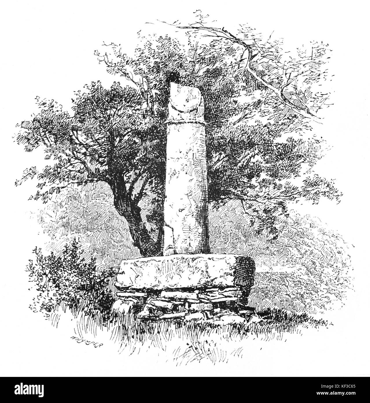 1890: Il pilastro di Eliseg, noto anche come pilastro di Elise o Croes Elisedd, sorge vicino all'Abbazia di Valle Crucis, Denbighshire, Galles. Fu eretta da Cyngen ap Cadell (morto nel 855), re di Powys in onore del suo bisnonno Elisedd ap Gwylog nel IX secolo. Foto Stock