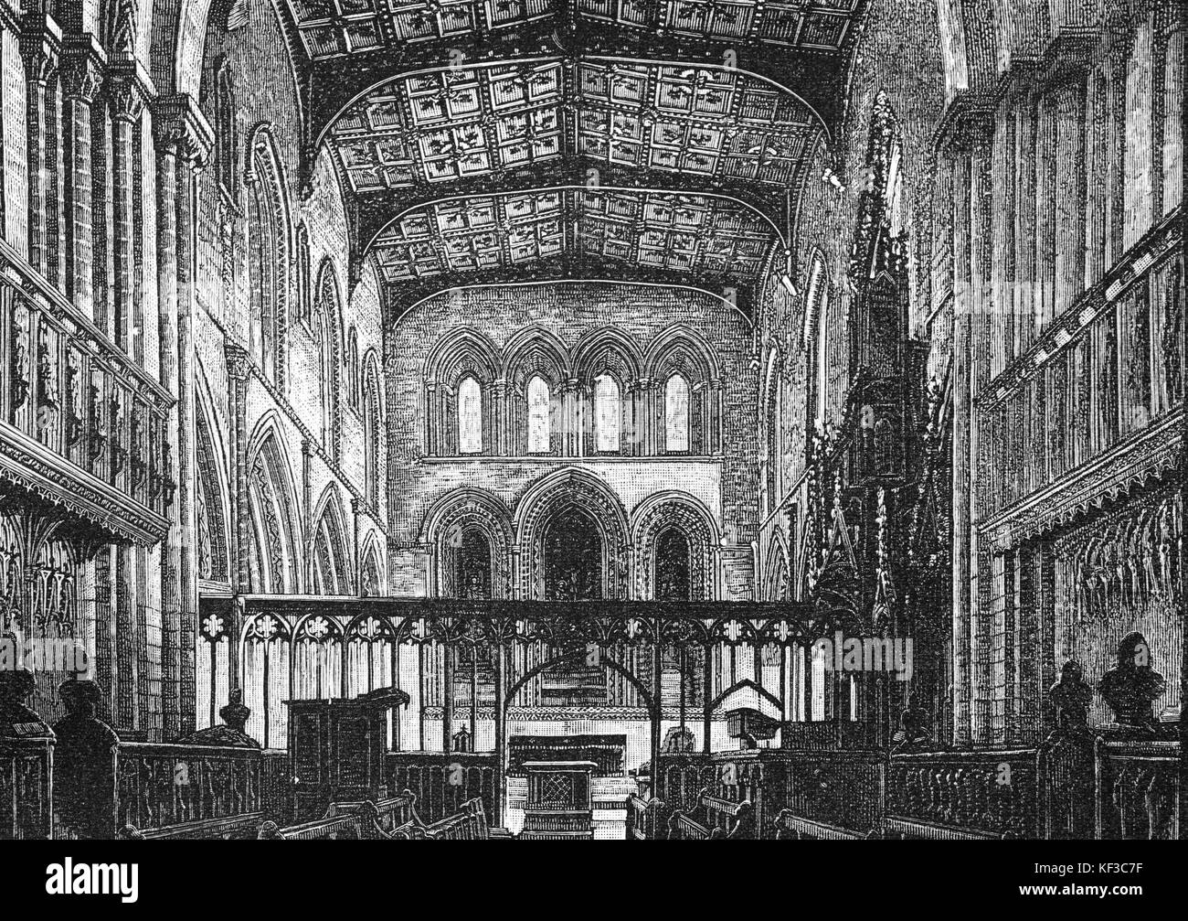 1890: Gli interni della ri-costruita del XVIII secolo, in stile romanico con il gotico perpendicolare e caratteristiche, St David's Cathedral e Università. La comunità monastica è stata fondata da san Davide, Abate di Menevia nel sesto secolo. St David's, Pembrokeshire, nel Galles del Sud. Regno Unito Foto Stock