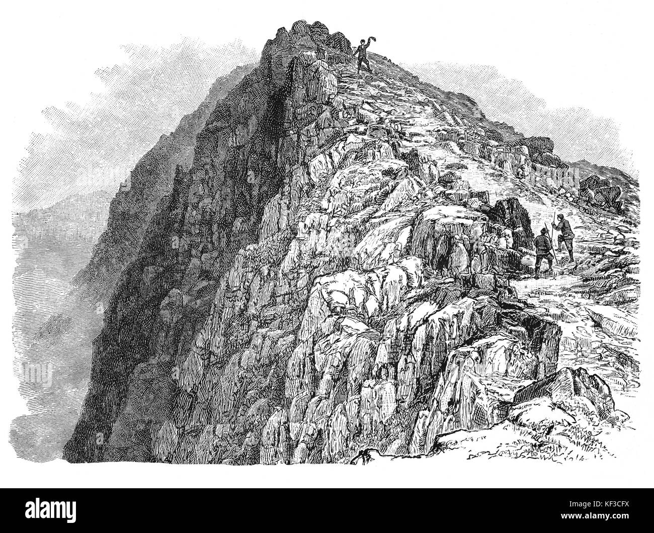 1890: Walkers avvicinandosi al vertice di Snowdon, Parco Nazionale di Snowdonia, Gwynedd, il Galles del Nord Foto Stock