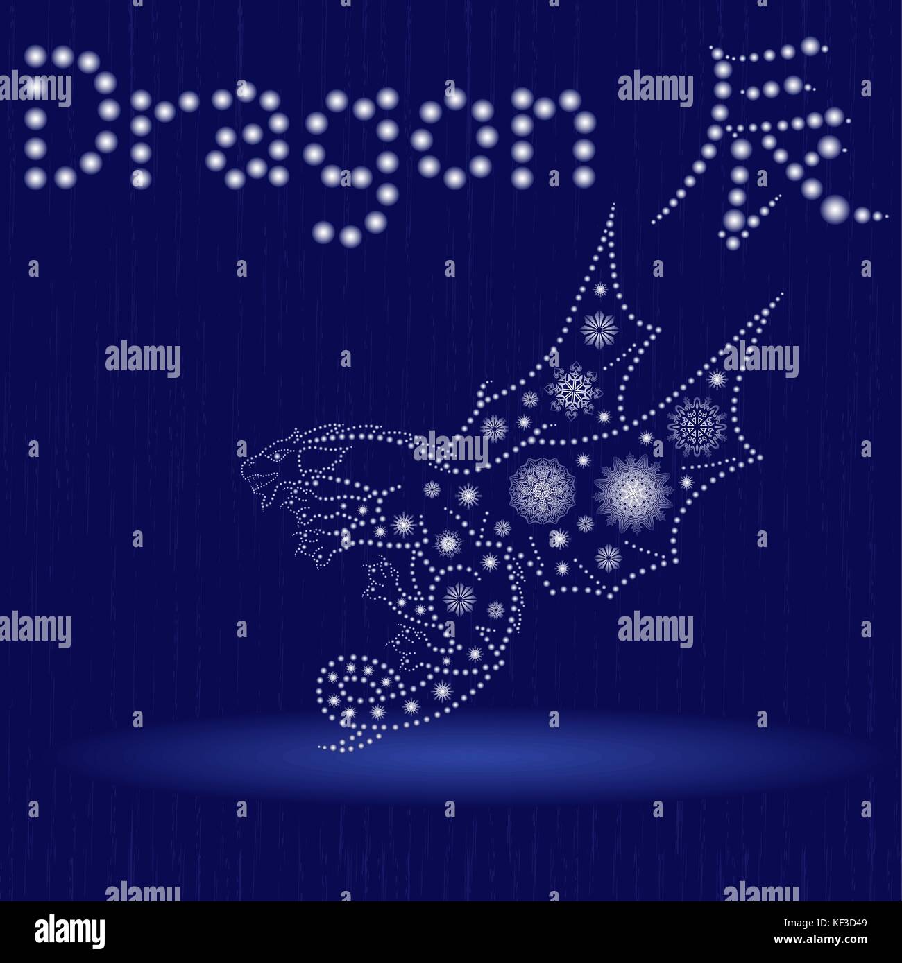 Il cinese segno zodiacale drago, elemento fisso della terra, simbolo del nuovo anno sul calendario Orientale, disegnati a mano illustrazione vettoriale con i fiocchi di neve e di luce Illustrazione Vettoriale