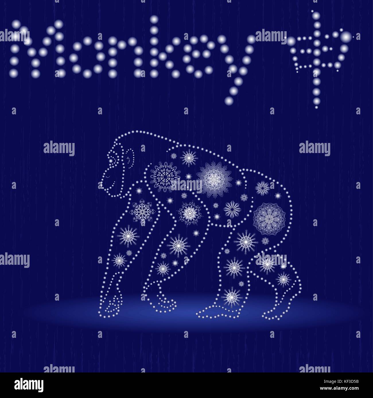 Il cinese segno zodiacale scimmia, elemento fisso metallo, simbolo del nuovo anno sul calendario Orientale, disegnati a mano illustrazione vettoriale con i fiocchi di neve e di luce Illustrazione Vettoriale