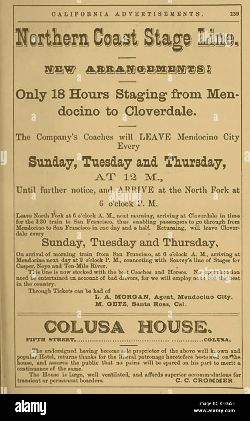 1877 STAGECOACH - Costa Nord linea Stage Azienda Poster - Mendocino a Cloverdale - pubblicità Colusa House Hotel di proprietà di C C Crommer Foto Stock