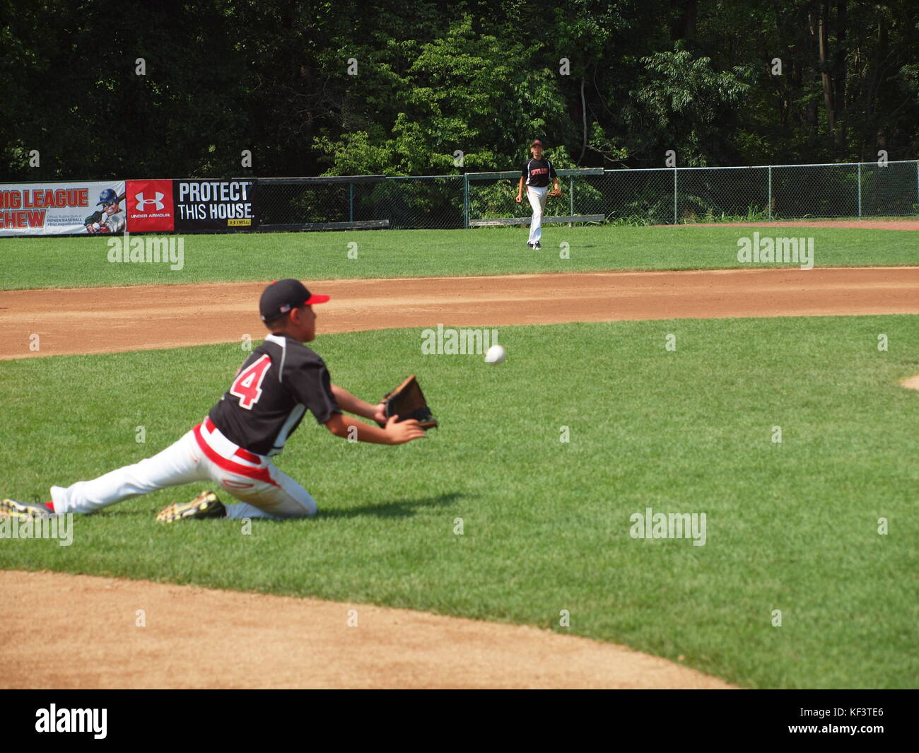 Giocatore di baseball dei giovani che cerca di campo un baseball e, in ultima analisi, cade. Foto Stock