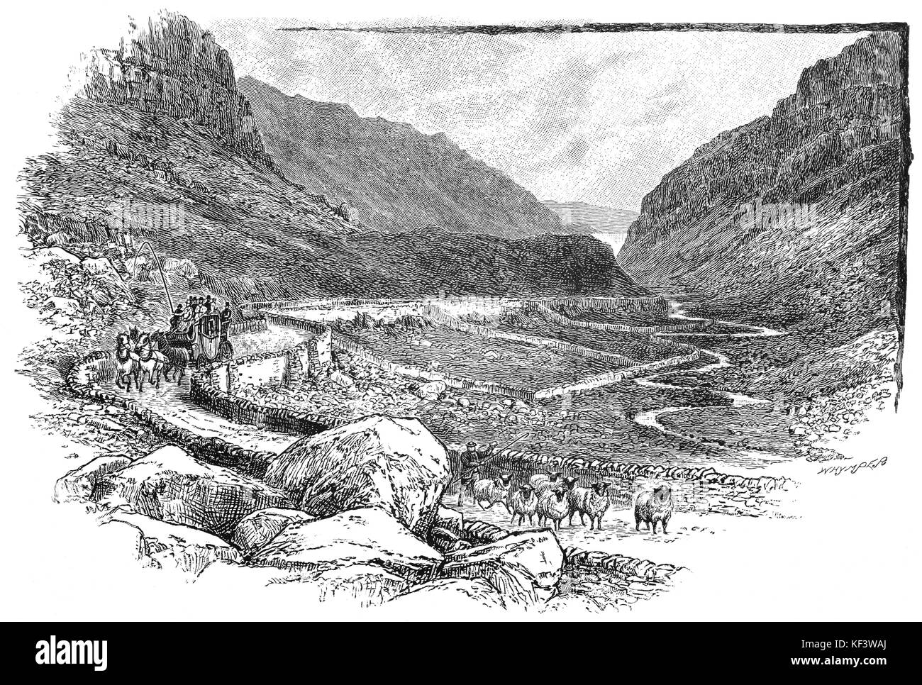 1890: un pullman e quattro passando lungo il Llanberis Pass, Parco Nazionale di Snowdonia, Gwynedd, il Galles del Nord Foto Stock