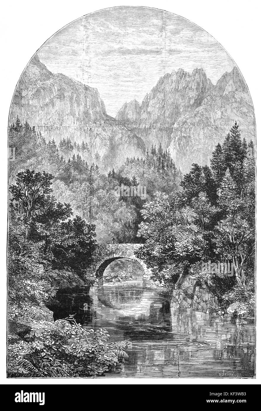 1890: ponte arcuato di attraversare il fiume Glaslyn nel Aberglaslyn Pass, una stretta gola di notevole bellezza in Snowdonia, Gwynedd, il Galles del Nord. Foto Stock