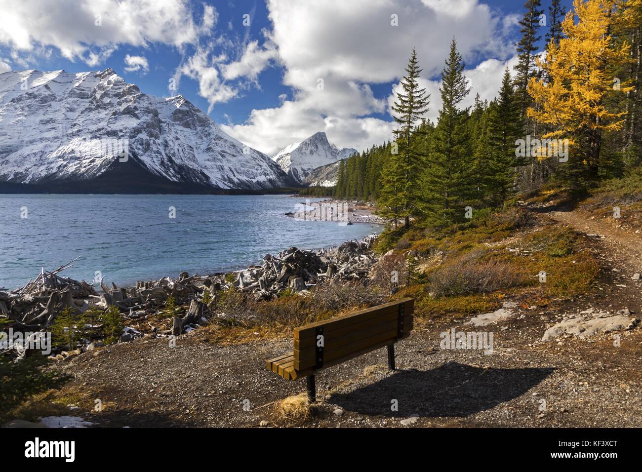 Park picnic Bench e Upper Kananaskis Lake Landscape View on Great Hiking Trail vicino Banff National Park in Rocky Mountains Alberta Canada Foto Stock