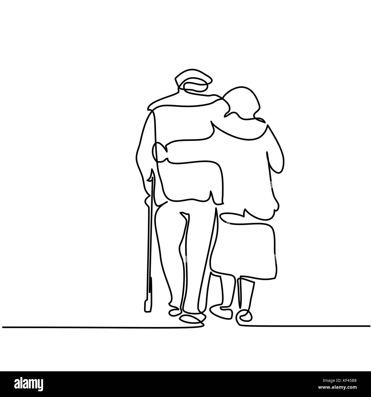 Rappresentazione in linea continua. felice coppia di anziani abbracciando e passeggiate. illustrazione vettoriale Illustrazione Vettoriale