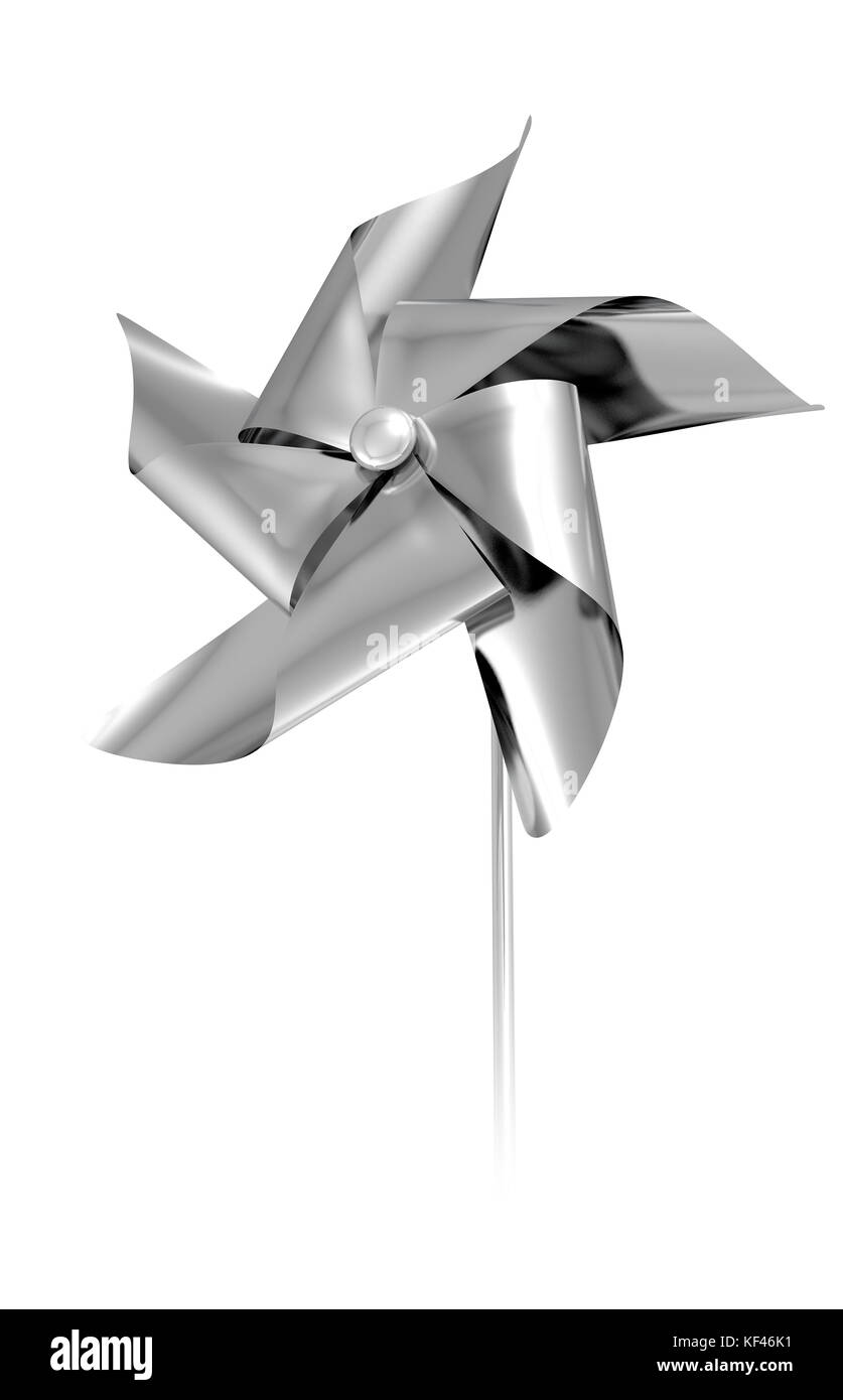 Un giocattolo regolari girandola mulino con carta argentata palette colorate su un bastone isolato su un background - 3D render Foto Stock