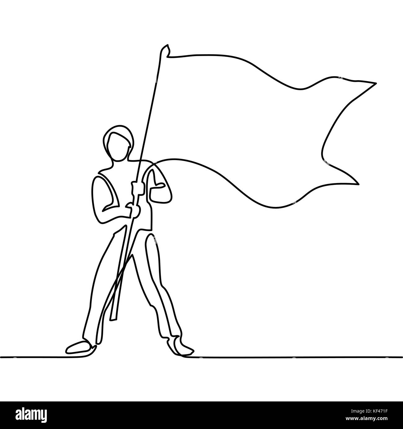 Uomo con bandiera. rappresentazione in linea continua Illustrazione Vettoriale