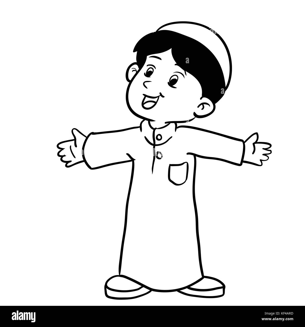 Illustrazione di felice ragazzo musulmano in piedi, mano lo stile di disegno per il libro da colorare-illustrazione vettoriale Illustrazione Vettoriale