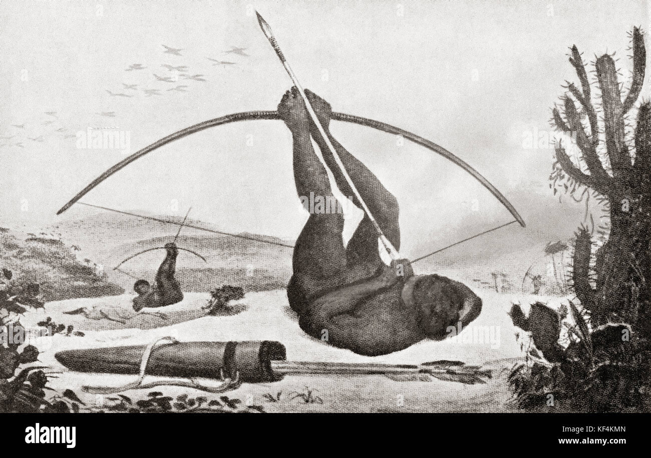 Un brasiliano Caboclo indiano dal villaggio di São Lourenço, mostrando estrema destrezza con la sua prua e freccia che mira mentre si sdraia e tenendo l'arco nei suoi piedi. Dalla Storia delle Nazioni di Hutchinson, pubblicato nel 1915. Foto Stock