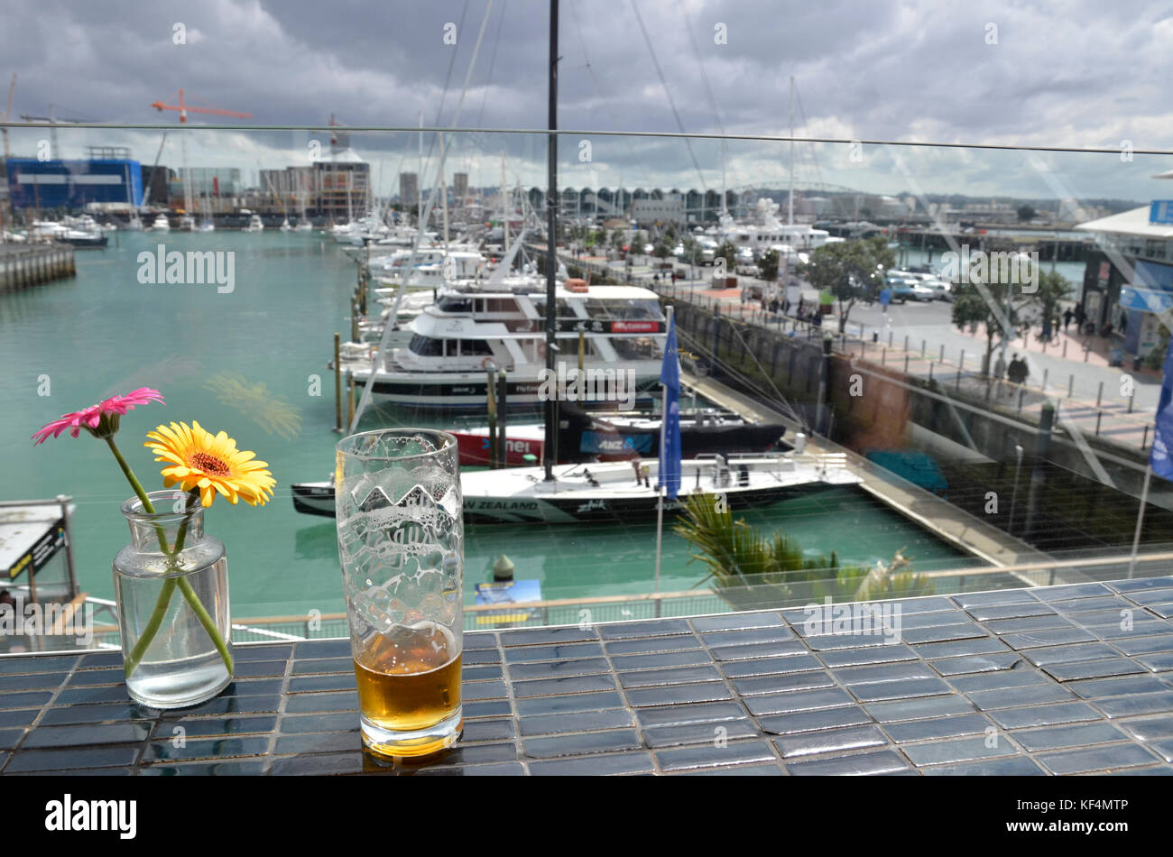 Bevande su un tavolo con vista porto di Viaduct a Dr Rudi sul tetto dell Brewing Co a Auckland, Nuova Zelanda Foto Stock