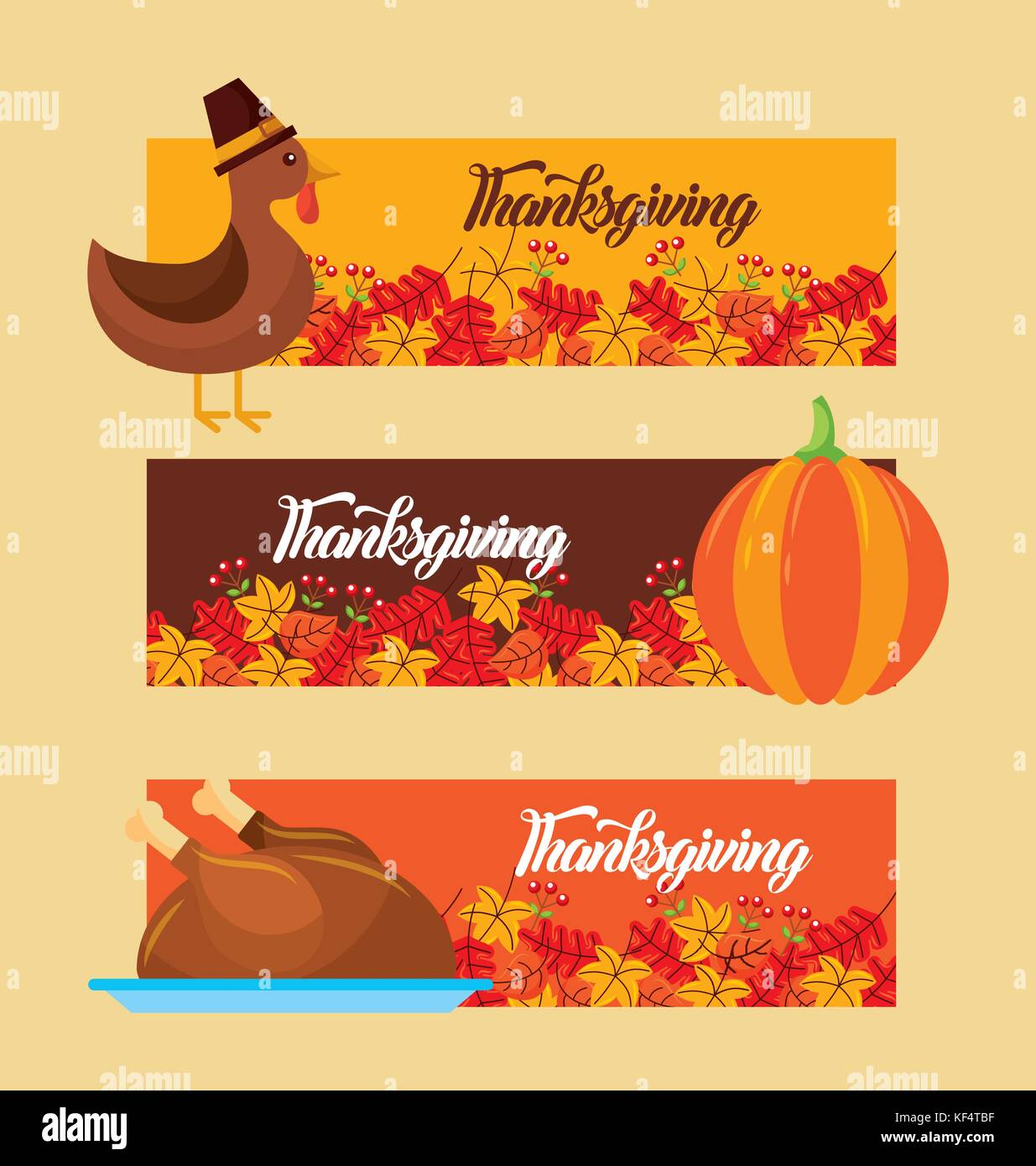 La Giornata del ringraziamento banner orizzontale impostato con cibi tradizionali e foglie Illustrazione Vettoriale
