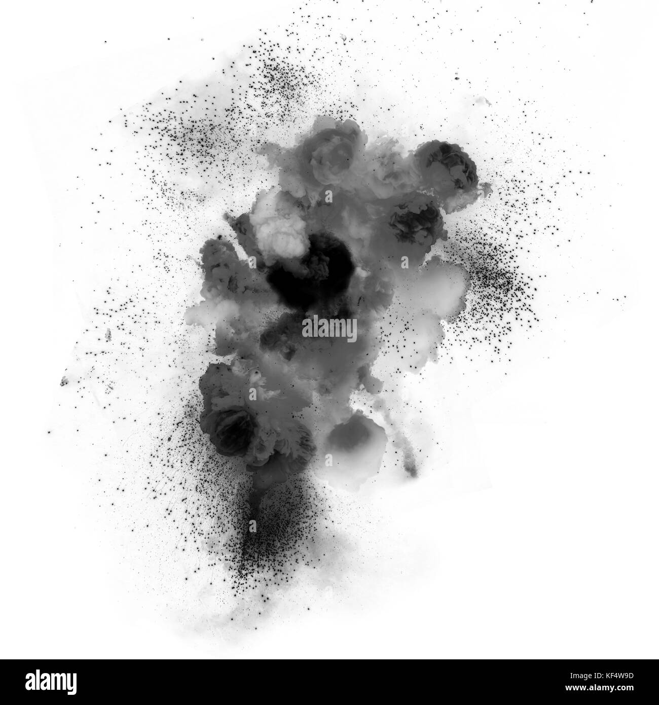 Esplosione di colore nero su uno sfondo bianco. esplosione di gas. la detonazione della bomba. Foto Stock
