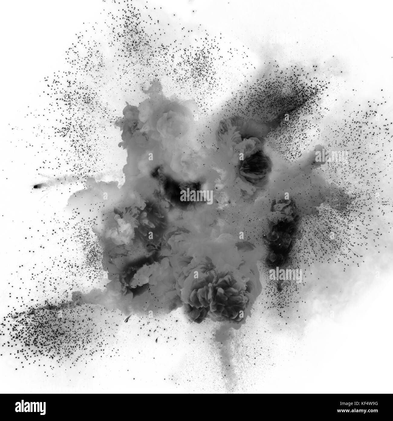 Esplosione di colore nero su uno sfondo bianco. esplosione di gas. la detonazione della bomba. Foto Stock