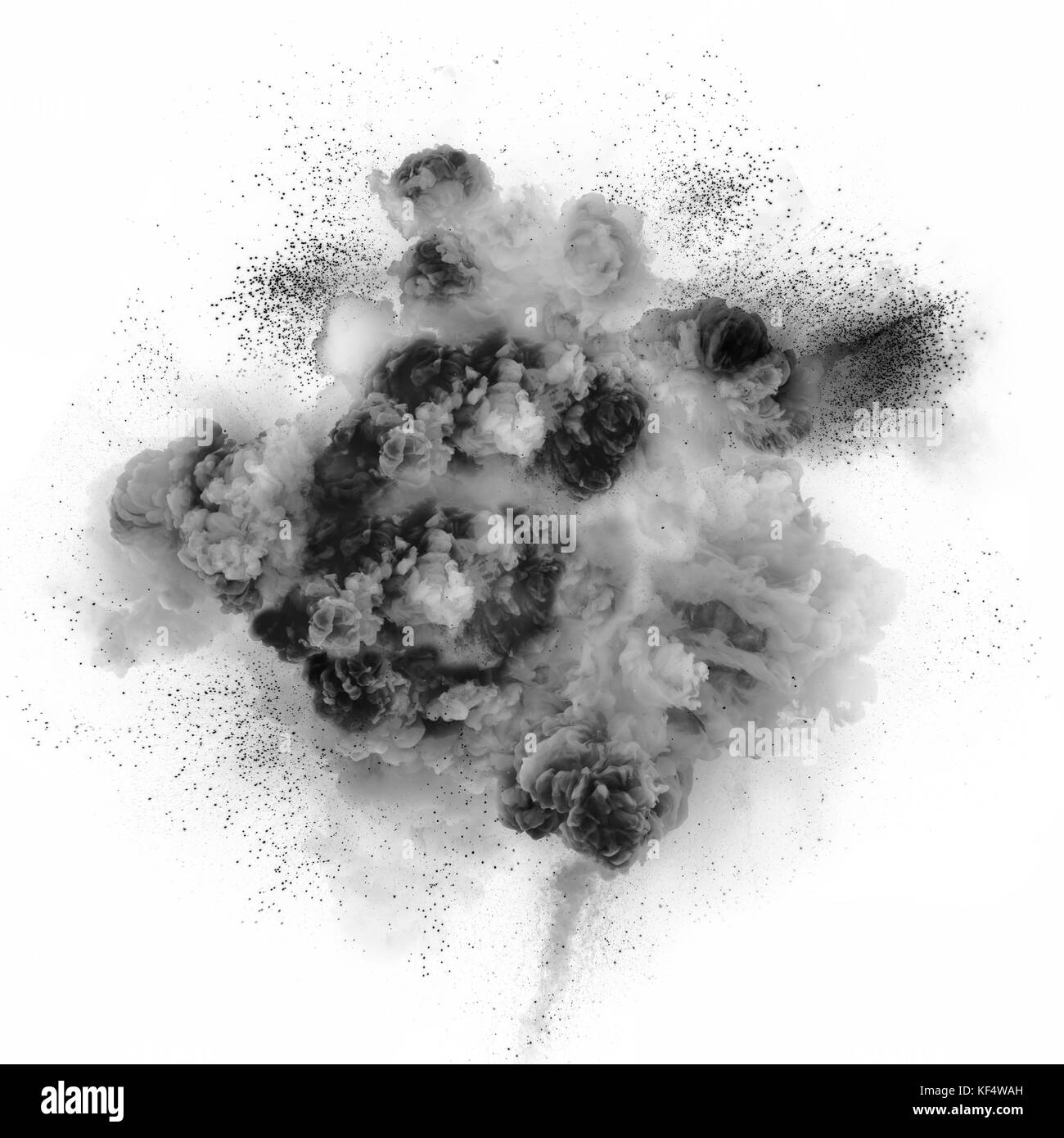 Esplosione di colore nero su uno sfondo bianco. esplosione di gas. la detonazione della bomba. Foto Stock