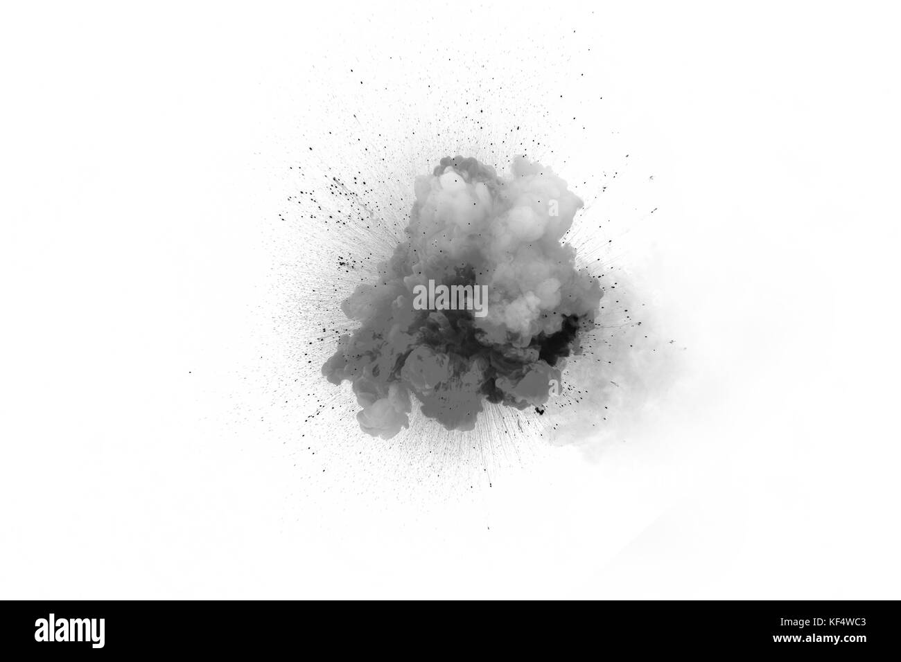 Esplosione di colore nero su uno sfondo bianco. esplosione di gas. la detonazione della bomba. Foto Stock