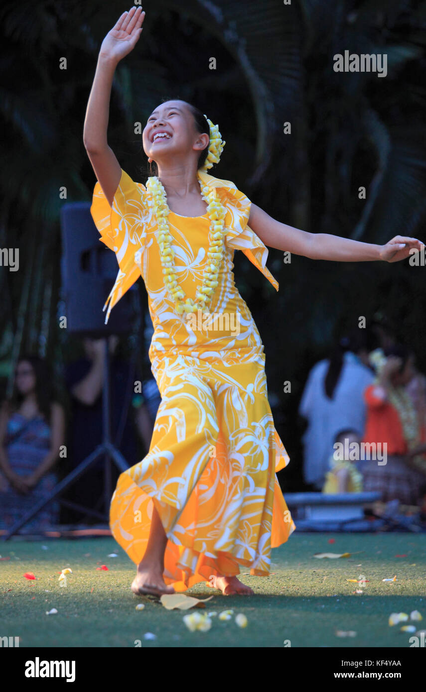 Hawaii, Oahu, Waikiki, hula mostrano, ballerino Foto Stock
