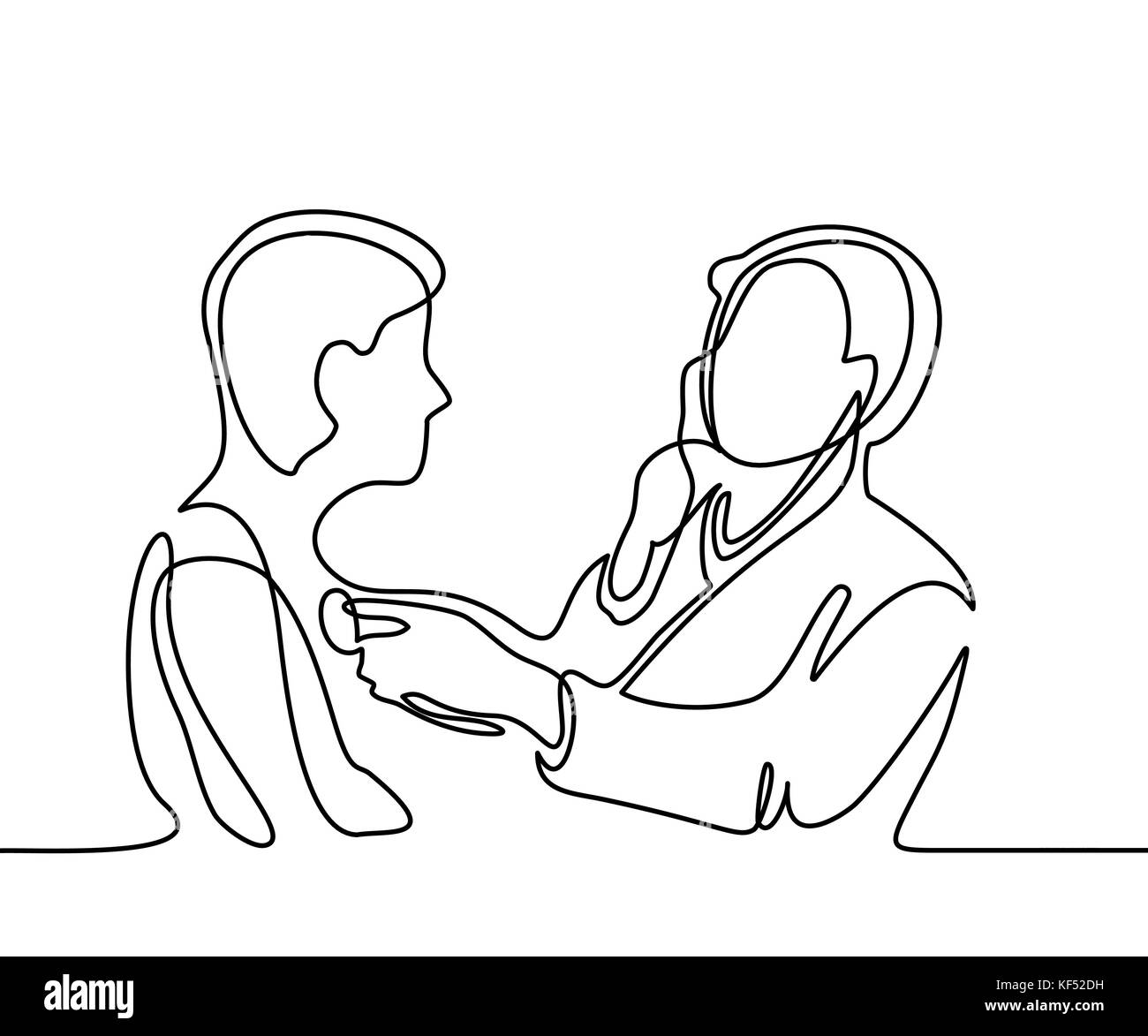 Medico con stetoscopio trattamento paziente uomo. rappresentazione in linea continua. illustrazione vettoriale su sfondo bianco Illustrazione Vettoriale