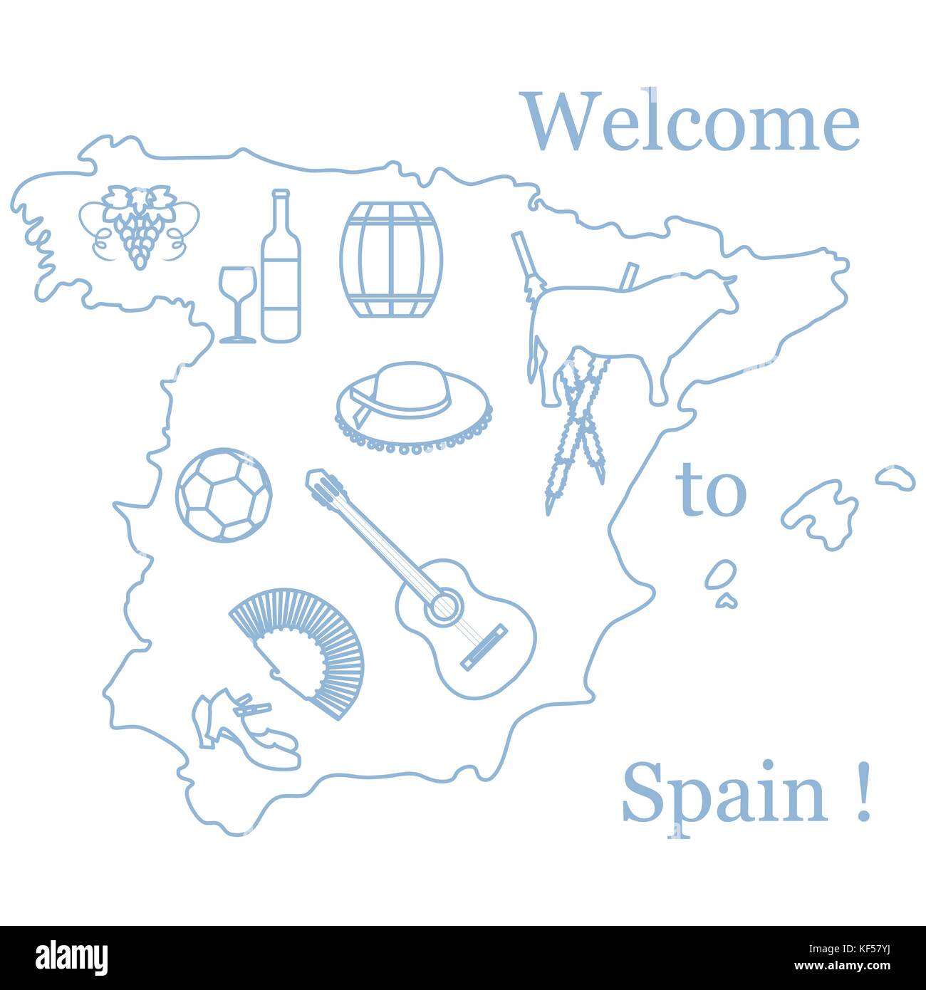 Illustrazione vettoriale con vari simboli della Spagna. viaggi e tempo libero. design per banner, poster o di stampa. Illustrazione Vettoriale