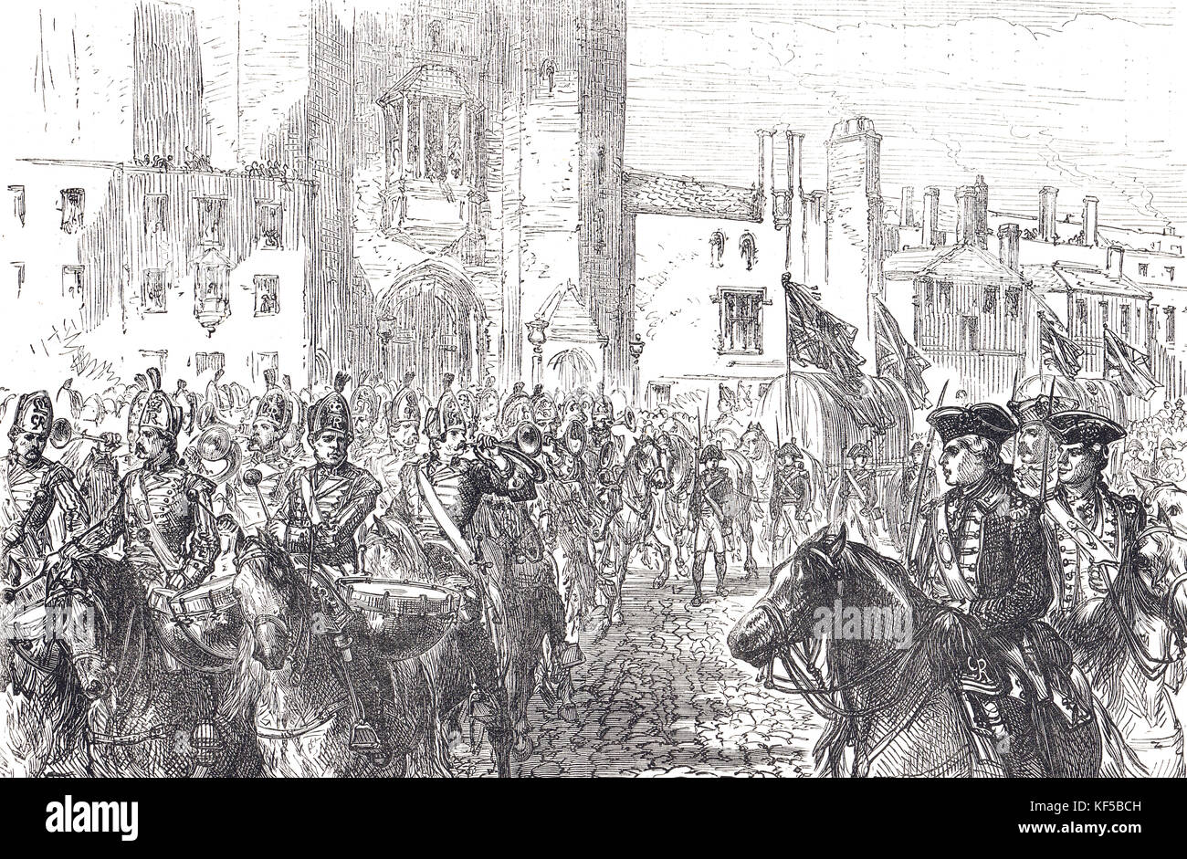 Sfilata di trofei dalla cattura di l'Avana, Cuba, passando per St James's Palace, Londra, Inghilterra, 1762 Foto Stock