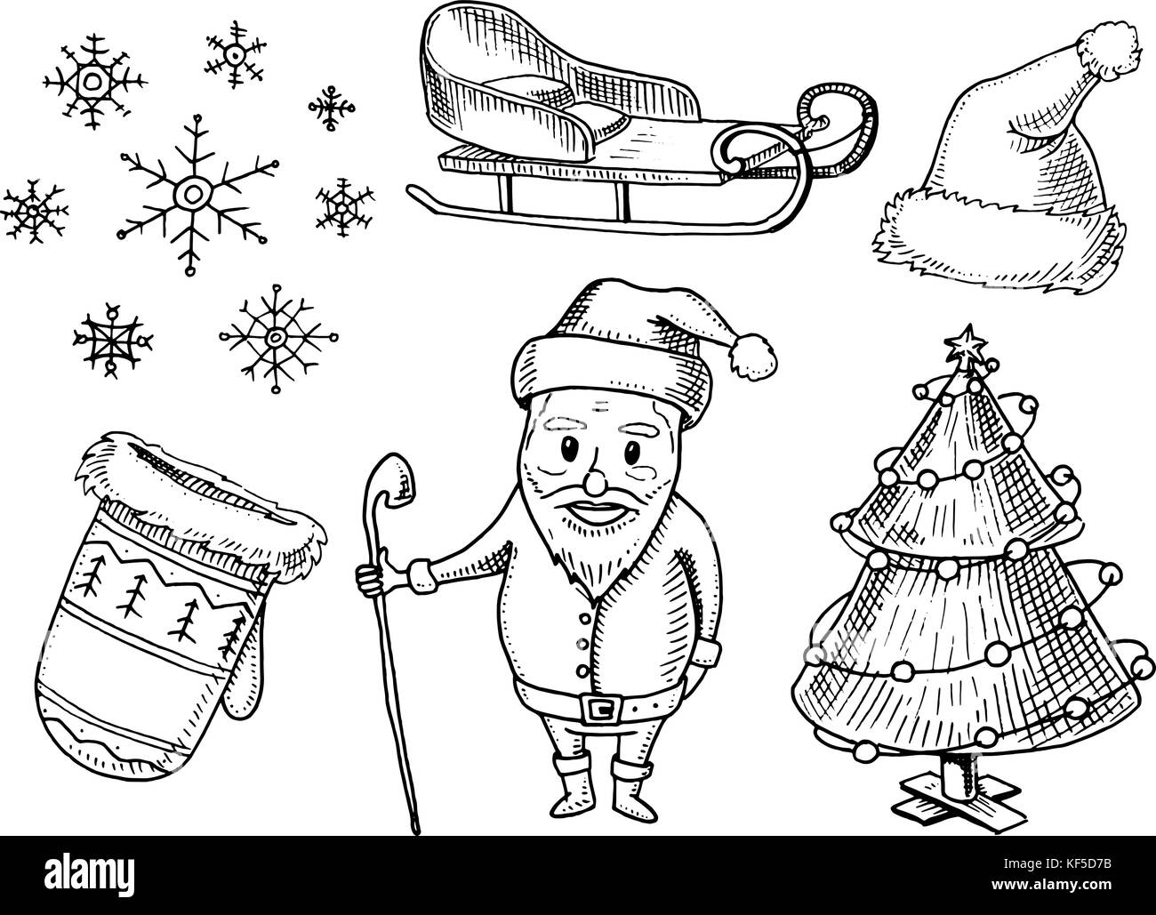Incisi disegnati a mano nel vecchio disegno e stile vintage per etichetta. Buon Natale o il Natale e Anno Nuovo collezione. vacanza invernale decorazione. i fiocchi di neve e con la slitta, cappello e muffole, albero e Babbo Natale. Illustrazione Vettoriale