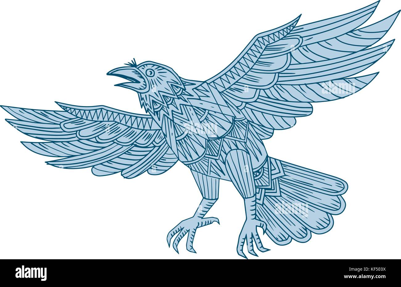 Stile mandala illustrazione di un corvo, raven o blackbird battenti visto dal lato su sfondo isolato. Illustrazione Vettoriale