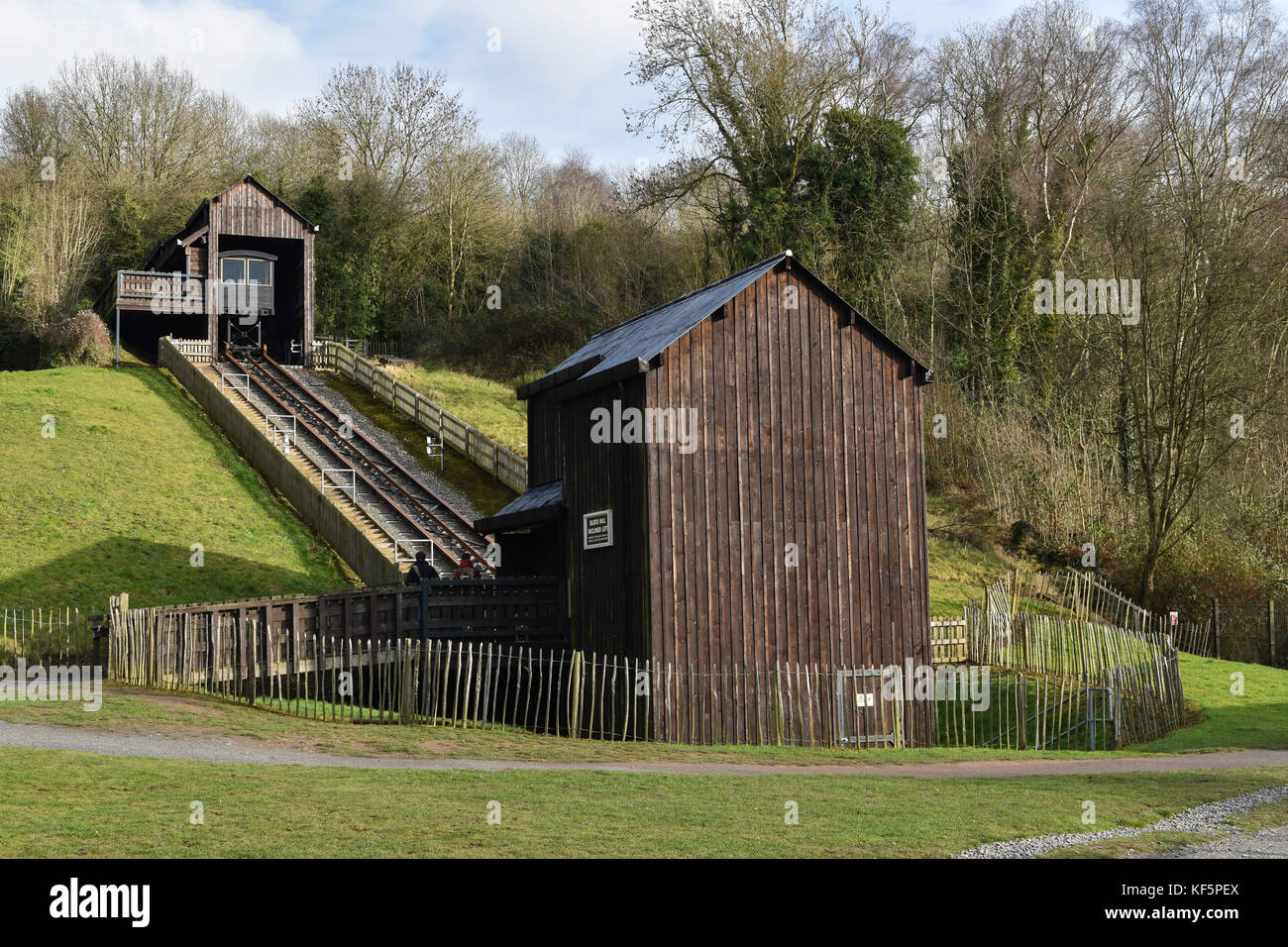 L'ascensore inclinato a blists hill cittadina in stile vittoriano, IRONBRIDGE, Telford, shropshire, Regno Unito Foto Stock