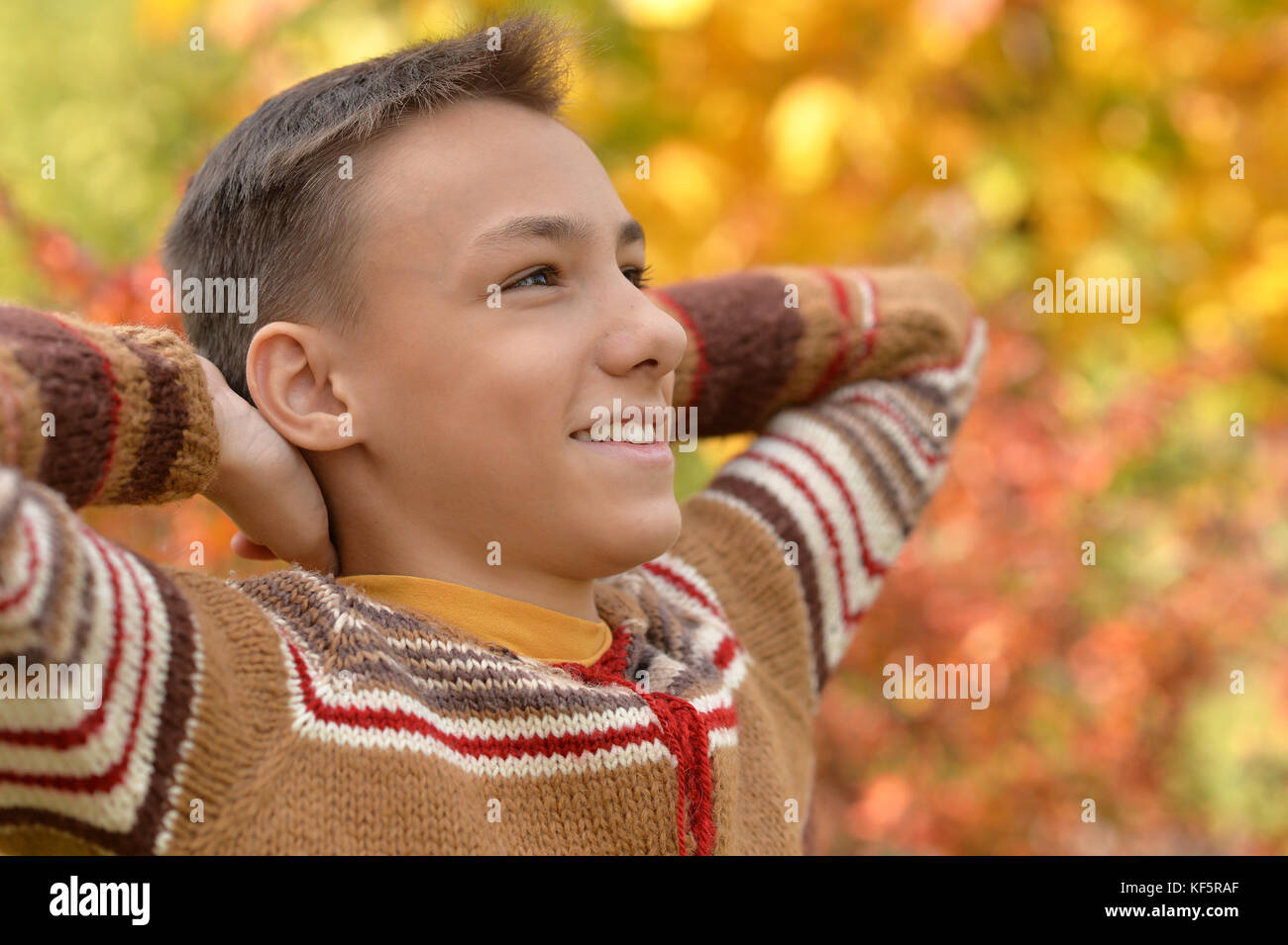 Ragazzo in autunno park Foto Stock