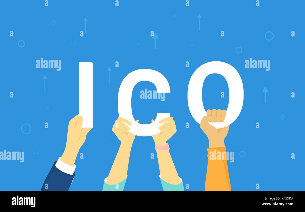 Ico nella mani di uomo concetto Illustrazione illustrazione vettoriale di diverse persone hanno nelle loro mani le Lettere di ico. design piatto della moneta iniziale offerta di Illustrazione Vettoriale