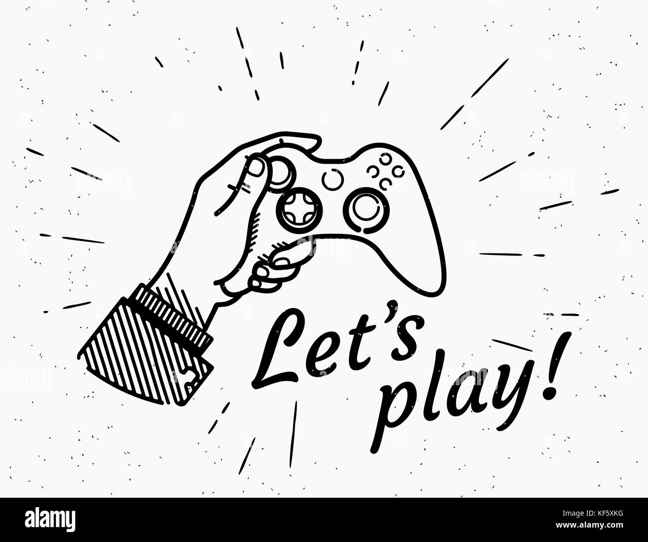 Consente di giocare a una console di gioco retrò illustrazione di vintage umana stilizzata mano trattiene play station. design vintage con tanga manoscritta tipografia su gru Illustrazione Vettoriale