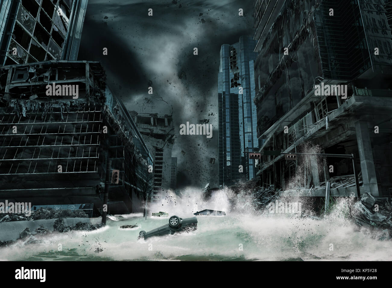 Una rappresentazione cinematografica di una città distrutta da un tifone o uragano approdo e portando con sé una mareggiata. elementi in questo paesaggio sono state caref Foto Stock