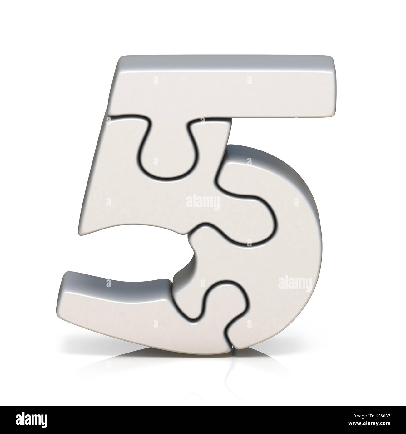 White puzzle jigsaw numero cinque 5 3D render illustrazione isolati su sfondo bianco Foto Stock
