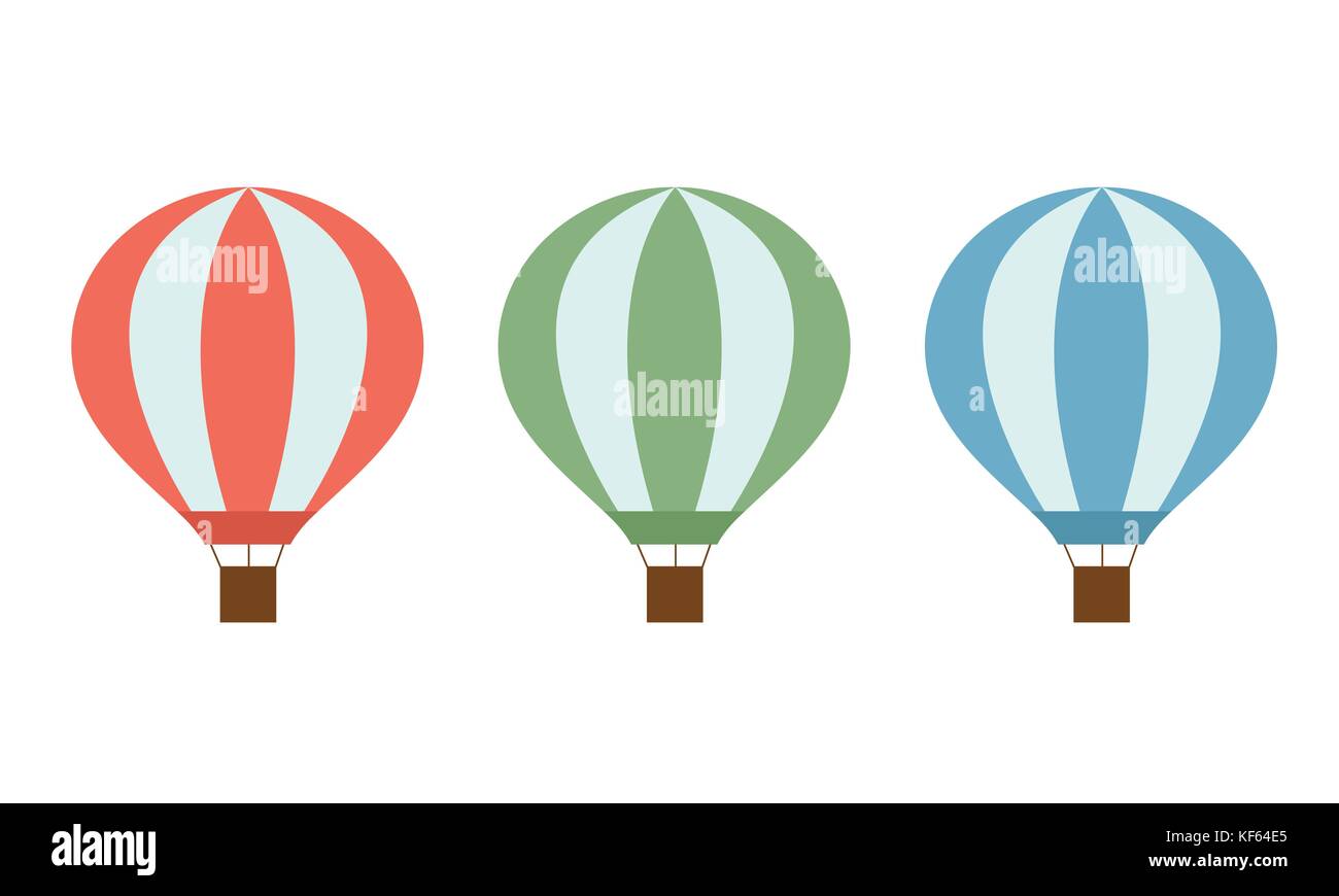 Set di colorate mongolfiere di rosso verde e blu con un cestello e funi isolati su sfondo bianco - vettore Illustrazione Vettoriale