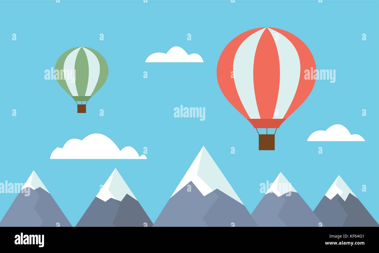 Vista di due colorate mongolfiere sopra di eiezione cime tra le nuvole sul cielo blu - vettore Illustrazione Vettoriale
