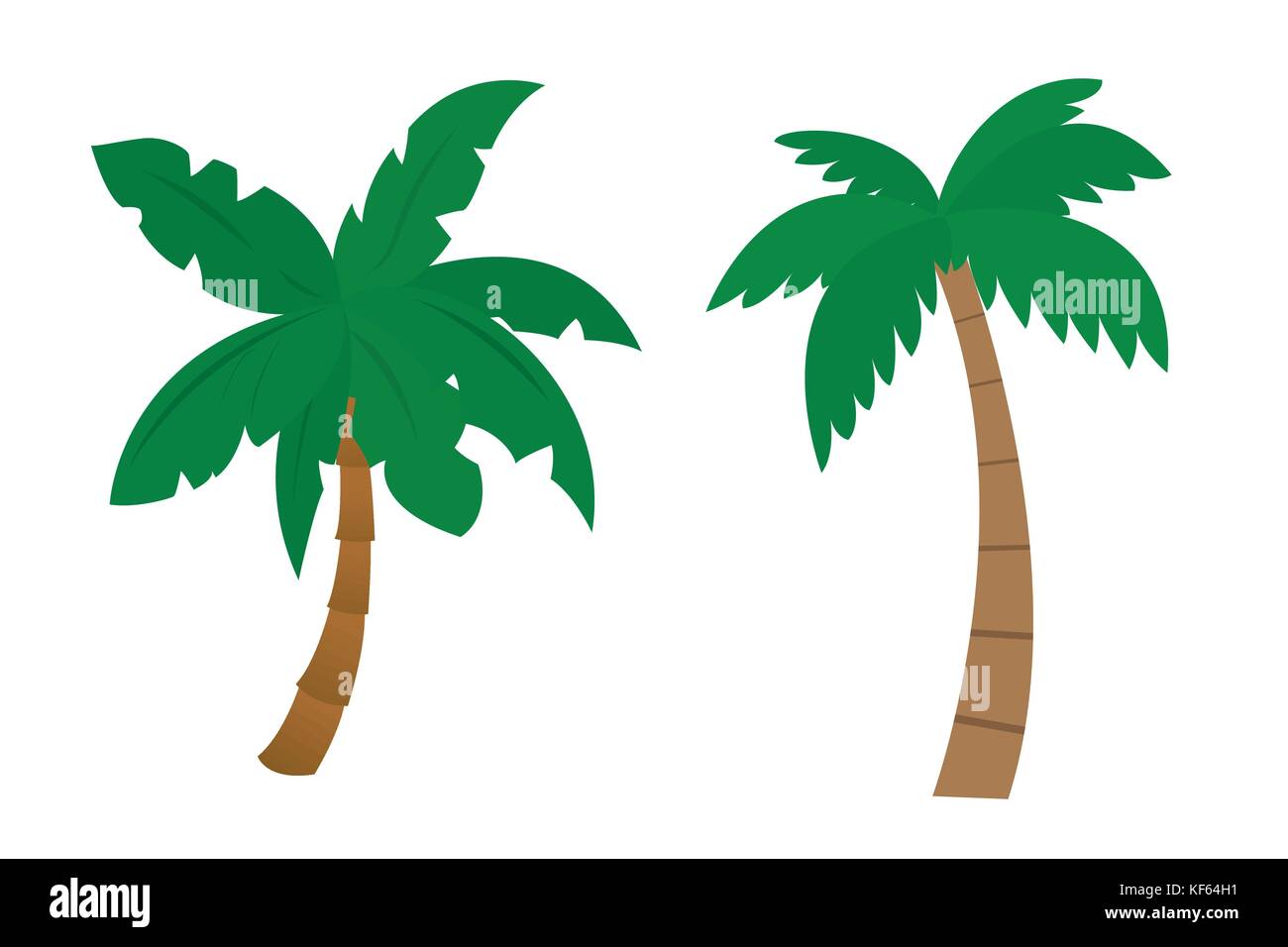 Set di cartoon palms con tronco marrone e verde foglie dipinte dal design piatto - illustrazione di vettore isolato su sfondo bianco Illustrazione Vettoriale