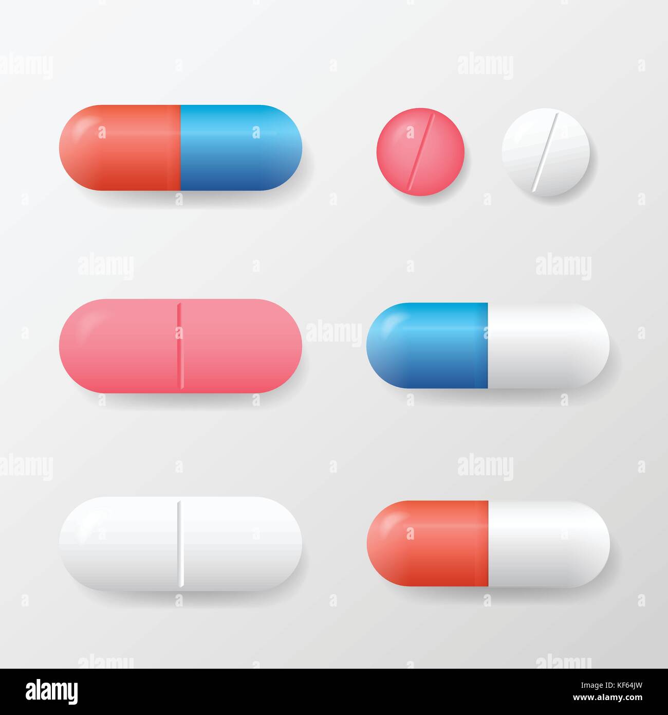 Set di vettore di varie pillole e compresse isolati su sfondo bianco Illustrazione Vettoriale