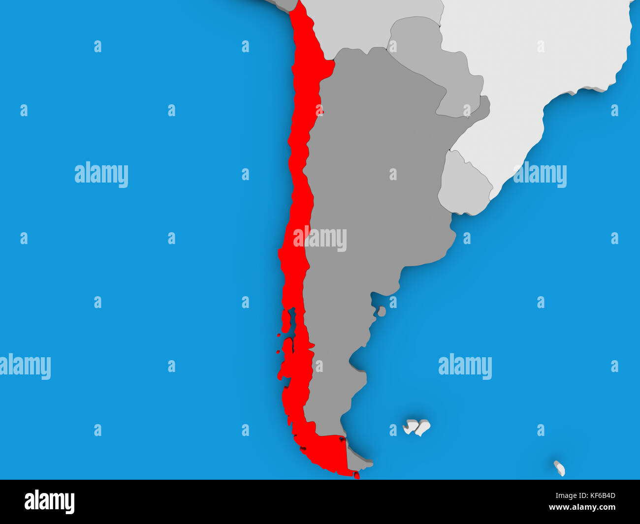 Cile in rosso sulla mappa politica. Illustrazione 3D. Foto Stock
