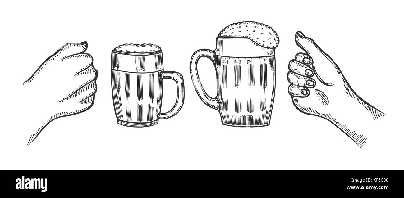 Mani e il tintinnio con bicchieri da birra mug in stile grafico illustrazione vettoriale Illustrazione Vettoriale