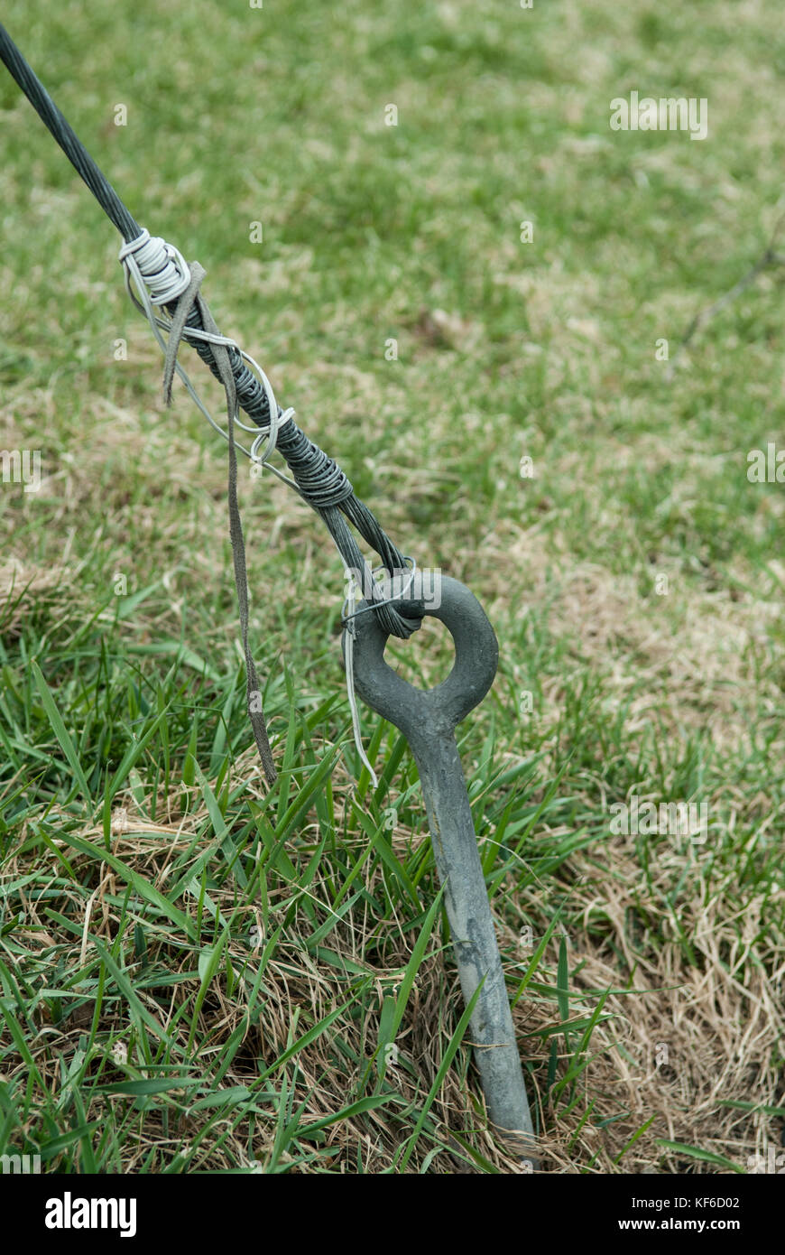 Pensilina metallica picchetto della tenda con cavo di guida Foto Stock