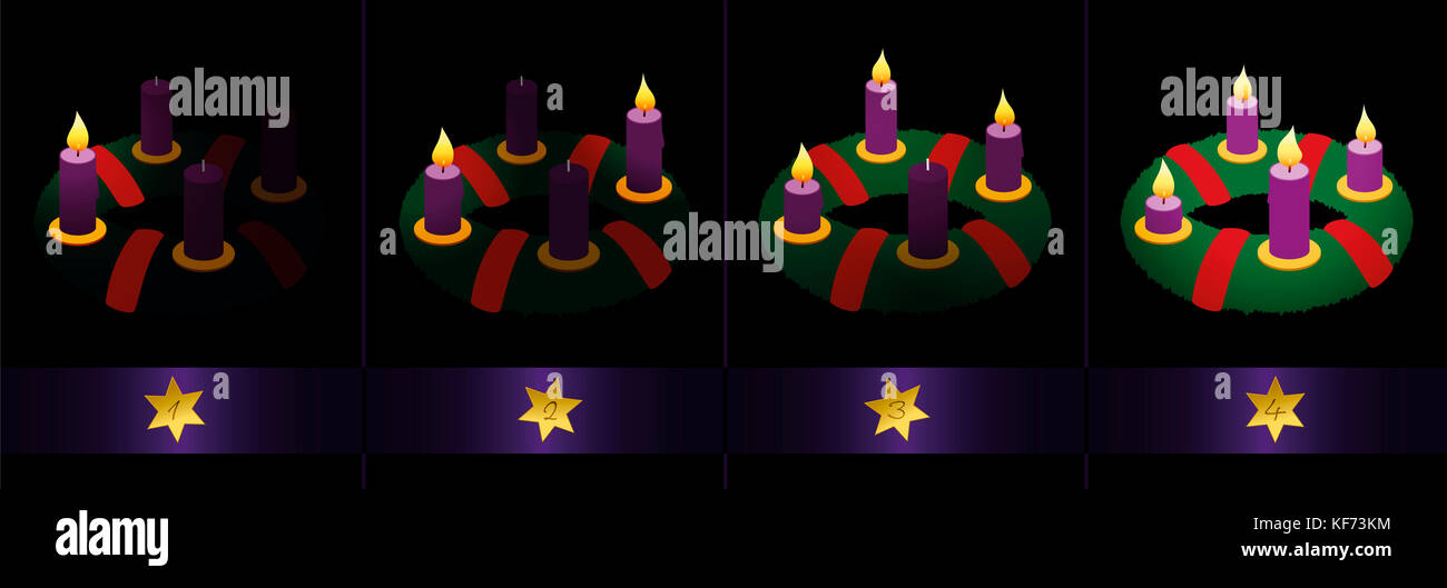 Corona di avvento con candele viola - uno, due, tre e quattro candele accese per illuminare le tenebre - numerati con stelle dorate. Foto Stock