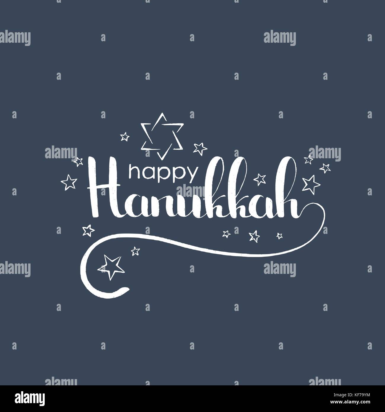 Happy Hanukkah lettere manoscritte. festival ebraico di luci. moderno vettore disegnato a mano con calligrafia abstract stella di Davide e di altre stelle Illustrazione Vettoriale