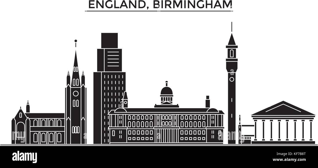 Inghilterra, Birmingham vettore architettura dello skyline della città, viaggi cityscape con i punti di riferimento degli edifici, siti isolati su sfondo Illustrazione Vettoriale