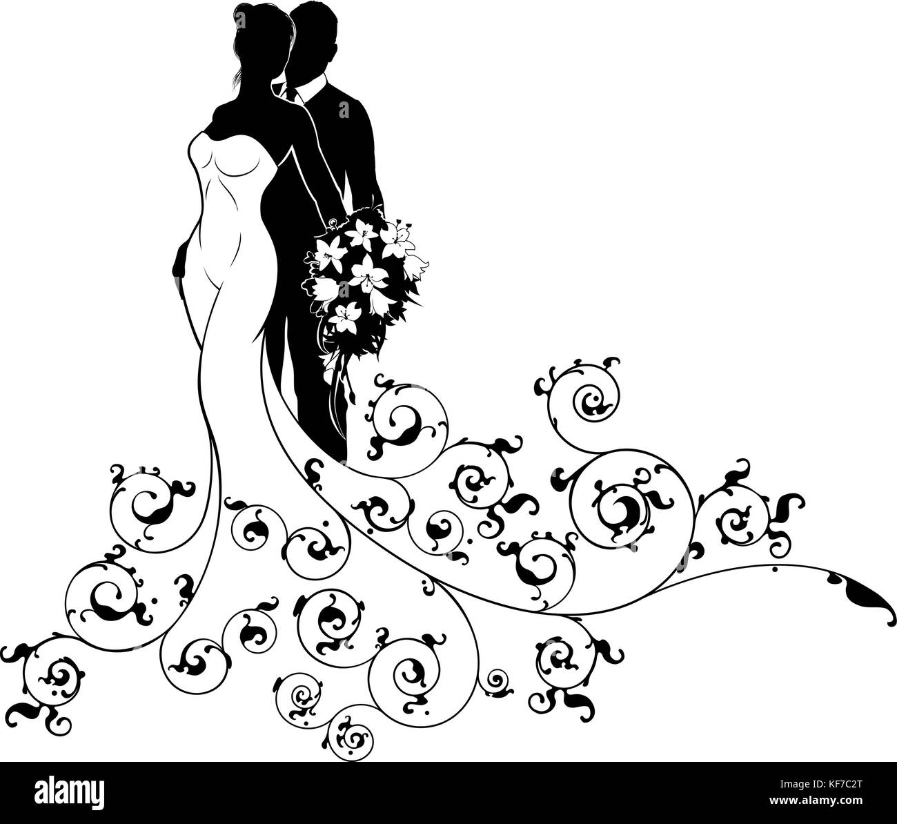 Sposa e lo Sposo matrimonio abito nuziale Silhouette Illustrazione Vettoriale