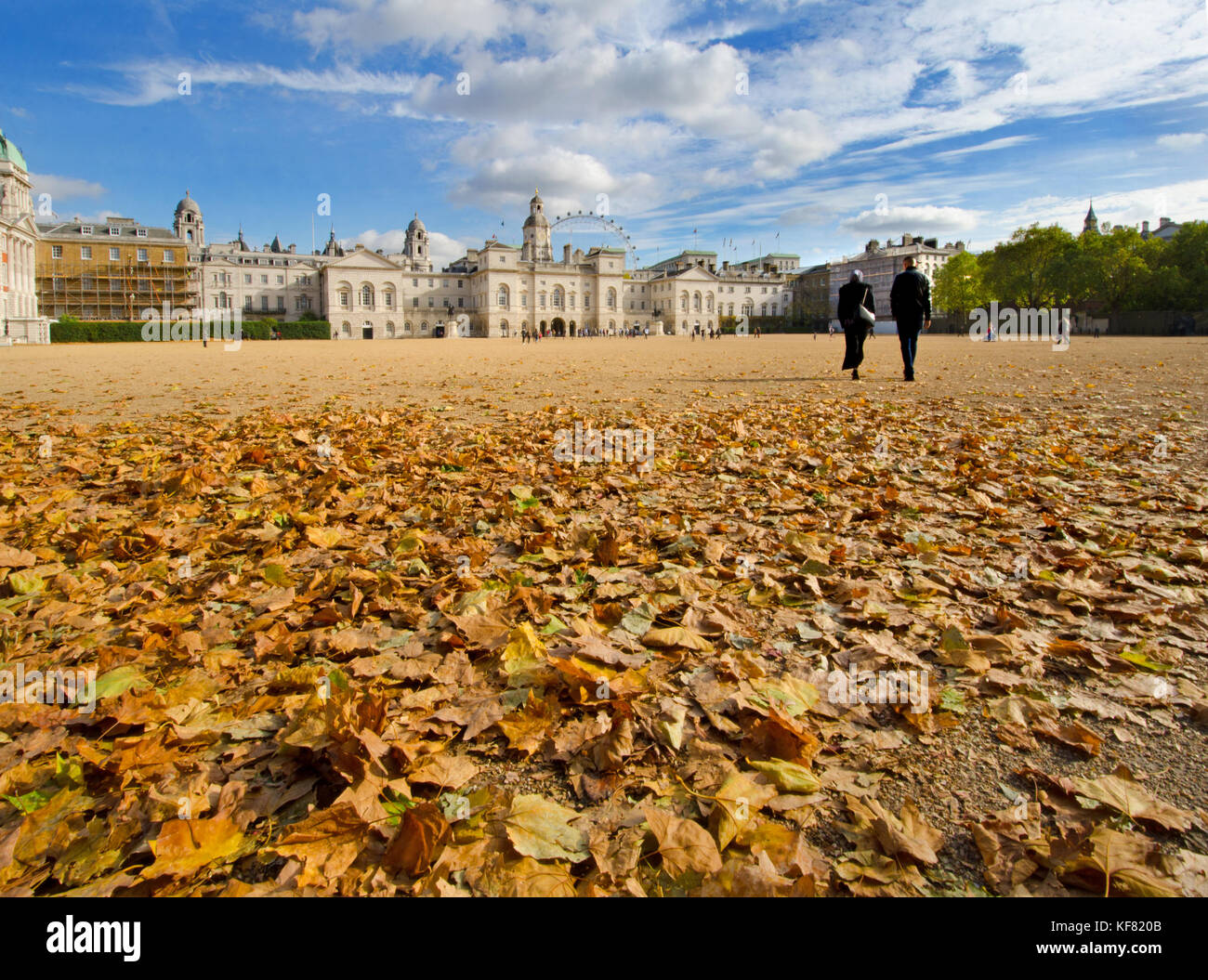Londra, Inghilterra, Regno Unito. Foglie di autunno che copre la sfilata delle Guardie a Cavallo Foto Stock