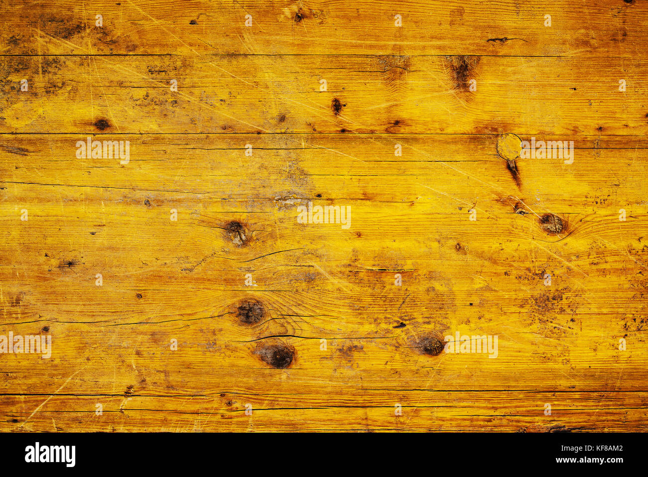 Background e texture di weathered giallo tavole di legno, di età compresa tra i rivestimenti in legno per pavimenti top view sfondo come spazio di copia Foto Stock